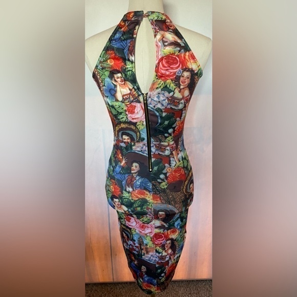 NWOT Calvin Tran print Bodycon dress w/large keyhole opening front/back Small - Picture 5 of 11